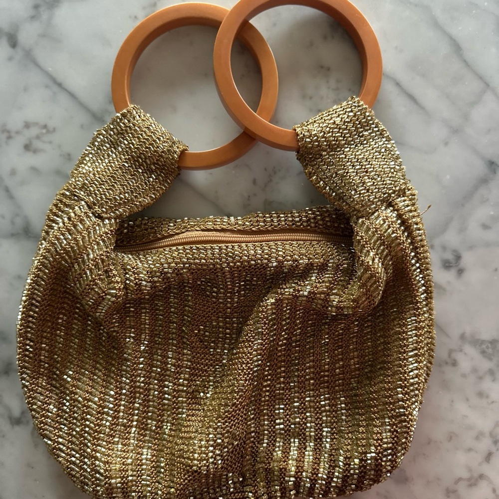 Gold Beaded Women's Bag with Wooden Handles